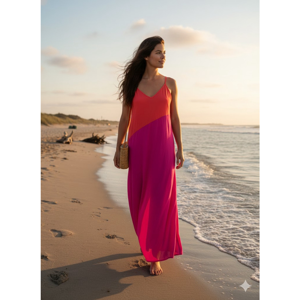 Lulus Sunset Chaser Colorblock Maxi Dress Pink Orange Small